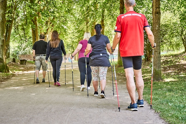 Eine Gruppe beim Nordic Walking im Wald